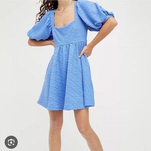 Free People ‘Violet’ Textured Blue Puff Sleeve Babydoll Mini Dress Sz. M